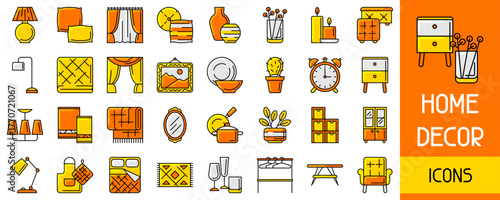 Home decor icon set. Domestic items thin line illustration.