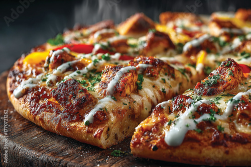Freshly Baked Tandoori and BBQ Chicken Pizza on Rustic Wooden Board – Gourmet Pizza