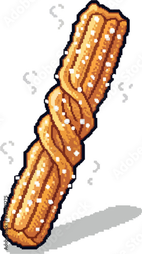 Pixel art illustration of a twisted churro sprinkled with sugar, casting a shadow.