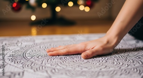 Close-up of hand touching intricate mandala pattern with festive background