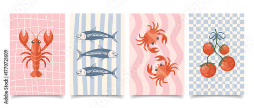 Set of Italian cuisine posters. Crab, lobster, sardines. Mediterranean set. Seafood menu cards.