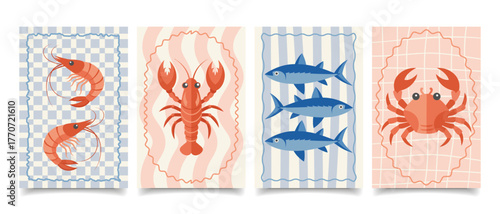 Set of Italian cuisine posters. Seafood, crab, lobster, sardines. Mediterranean set. Seafood menu cards.