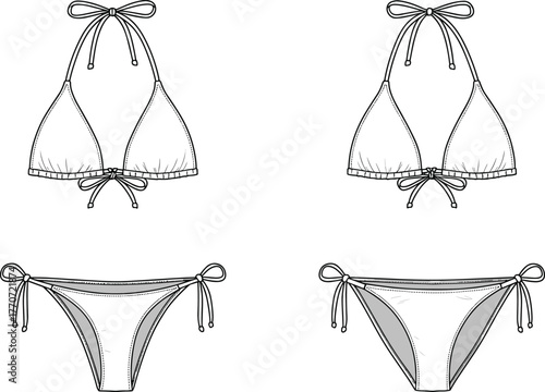 Bikini fashion design, swimwear template, string bikini set, beachwear style, summer outfit, CAD drawing flat vector illustration, apparel mockup, technical sketch