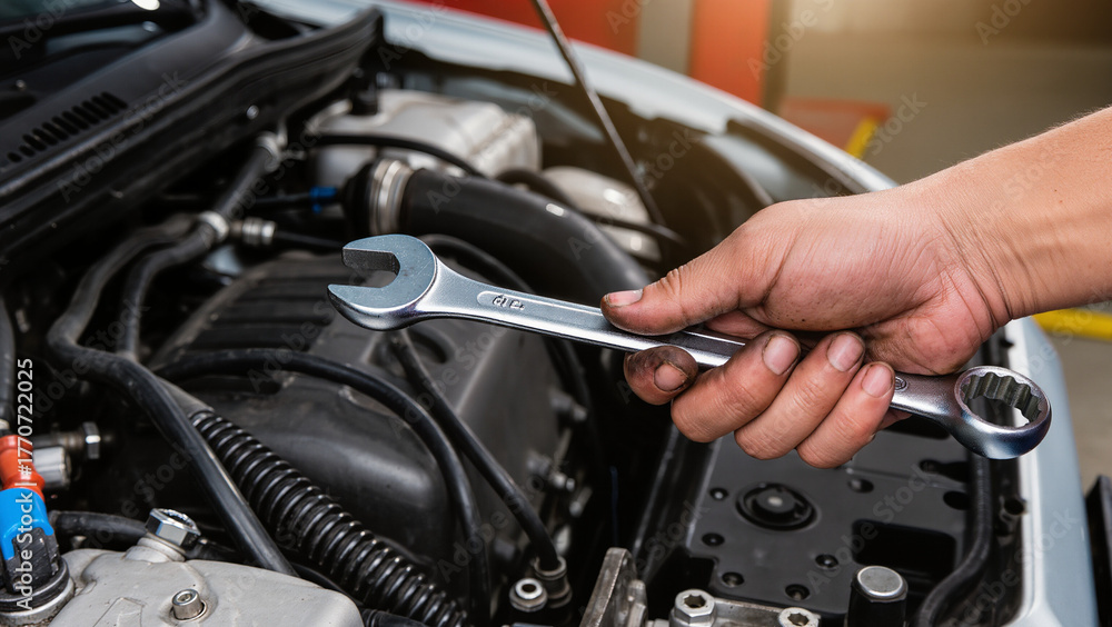 Obraz premium mechanic changing car engine