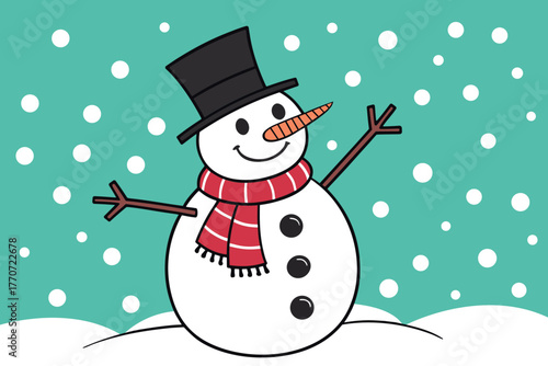adorable snowman with striped red scarf black top hat and snowy background perfect for winter holiday cards and festive artwork