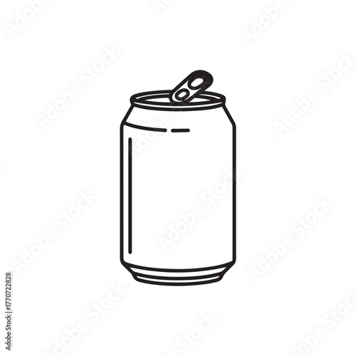 Soda can icon. Linear logo of metal container with opener. Black simple illustration of aluminum bottle for carbonated drinks. Contour isolated vector image on white background
