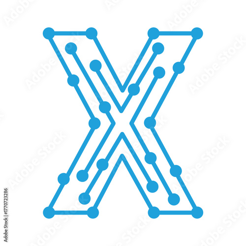 Abstract blue digital circuit board letter x shape with connected nodes and lines vector