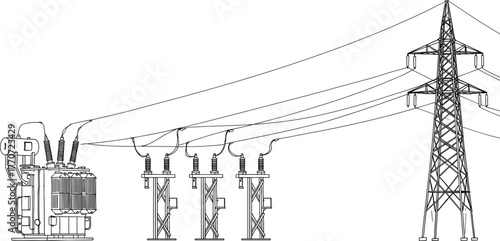 Electrical substation transformer connected to high voltage transmission tower and power lines, industrial energy distribution system, cad drawing flat vector illustration