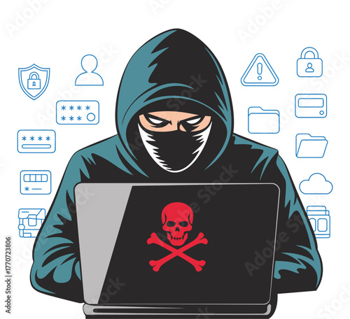 Hacker cyber criminal with laptop stealing user personal data vector illustration with glitch effect showing hacker attack and web security concept online data breach and cybersecurity threat
