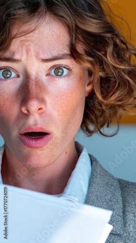 A surprised Caucasian woman holds a letter, embodying the bewilderment of April Fool's and the suspense of Secret Santa