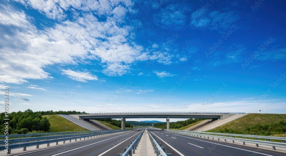 Naklejka premium Wide highway beneath a bright blue sky, with bridge and landscape