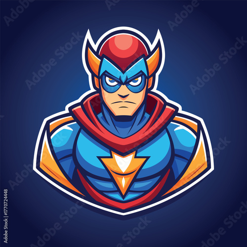 Mascot logo Stylized superhero bust with red cape and blue suit