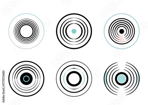 Black and white geometric circular patterns with swirl and spiral shapes create an abstract vector design set