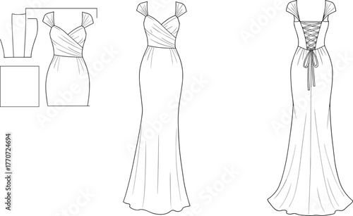 Elegant long evening gown fashion flat sketch with draped bodice and lace-up back detail, stylish formal dress design, cad drawing flat vector illustration