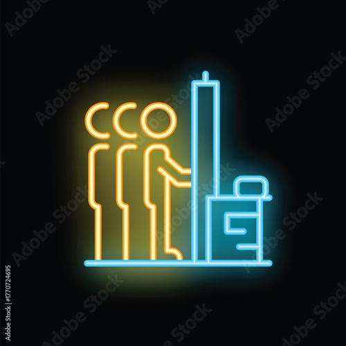 Neon sign illustrating people standing in line and using a voting machine