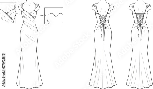 Elegant long evening gown fashion flat sketch with draped front and lace-up back detail, formal dress design, cad drawing flat vector illustration