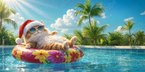 Chat avec des lunettes de soleil et un chapeau de père-noël dans la piscine, détente et humour de vacances - banner, bannière avec espace vide pour du texte