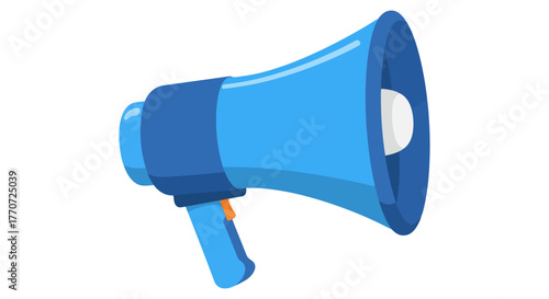 A blue megaphone with a white speaker and orange button.