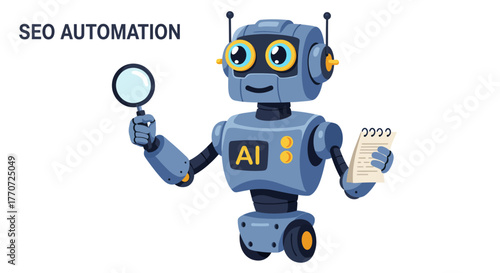 Cartoon robot holding magnifying glass and notepad, representing SEO automation.
