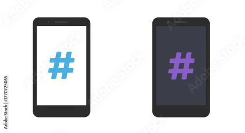 Two smartphones with a hashtag symbol on their screens, one with a light background and one with a dark background.