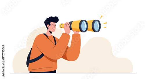 Illustration of a man looking through binoculars, wearing an orange sweater and a backpack.