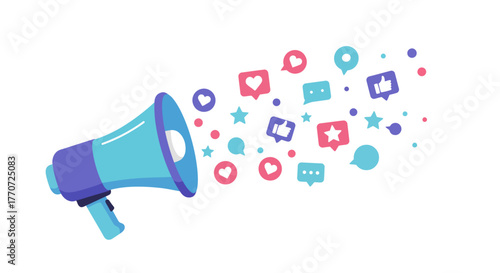 Illustration of a blue megaphone with social media icons emanating from it.
