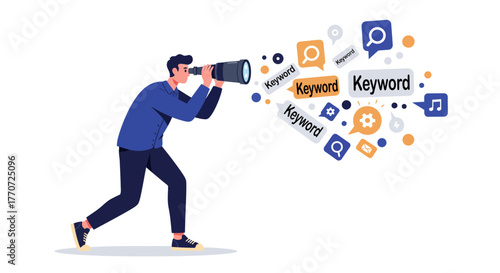 Man with telescope searching for keywords, SEO optimization concept, search engine optimization, digital marketing, keyword research, content strategy.