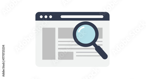 Magnifying glass over a website page, search engine concept illustration.