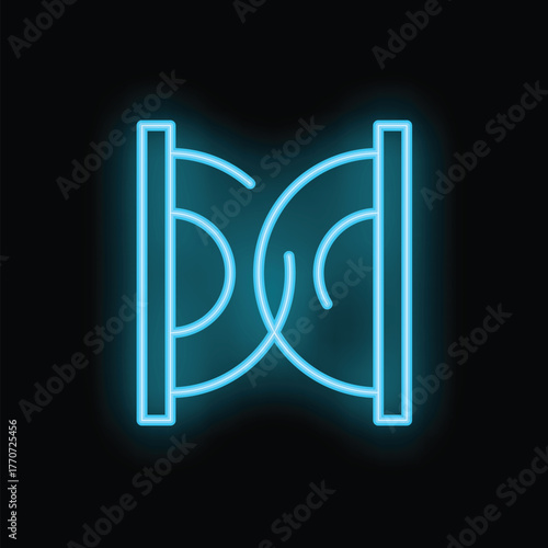 Blue neon turnstile icon glowing on a black wall is a perfect illustration for concepts of access, security or technology