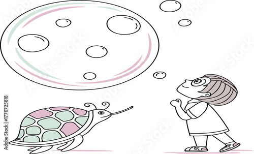 Dreamy Cartoon: A child gazes in wonder at an oversized bubble floating above, while a turtle appears to observe it with curiosity.