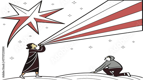 Celestial Vision: Two figures gaze at the cosmic wonders, one directing a beam of light towards a vibrant star, symbolizing exploration, discovery, and the vastness of the universe.