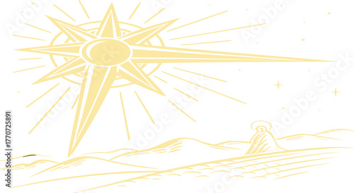 Guiding Star: An illustration depicting a radiant celestial star, its beams illuminating a distant landscape with a serene, ethereal glow. The star symbolizes guidance, hope.