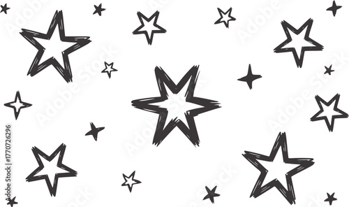 Hand drawn grey stars scattered on white background sketch