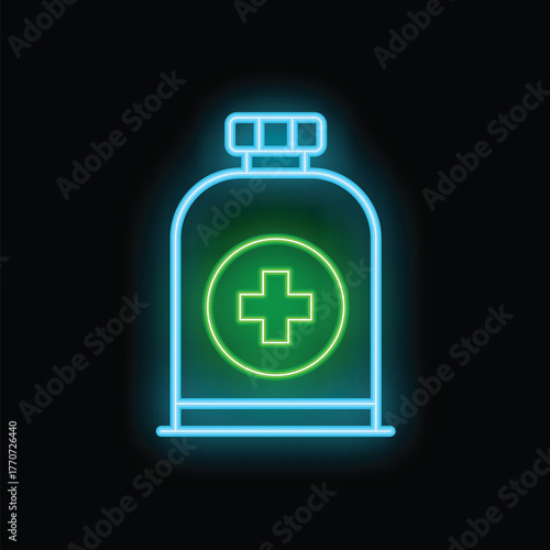 Glowing neon line medicine bottle and pills icon isolated on black background. Container with medical pills. Vector illustration