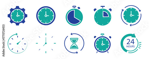 Time icon set. Containing timer, alarm, clock, schedule, hourglass, wristwatch, stopwatch, date, time management and more. Editable line icons. Vector illustration.