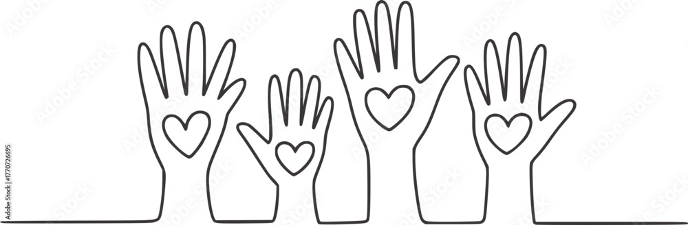 Obraz premium Minimalist line drawing of hands with hearts love unity