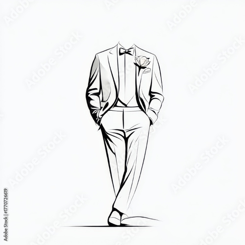Elegant line art sketch of a headless man in a tuxedo and bow tie, confident and stylish, representing wedding fashion and formal attire.
