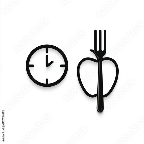 Minimalist flat icon pair of a clock and an apple with a fork, simple black outline, representing timed eating, diet schedule, and mindful nutrition.