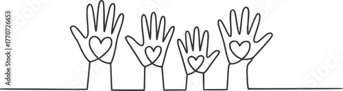 Minimalist line drawing of hands with hearts line art black and white