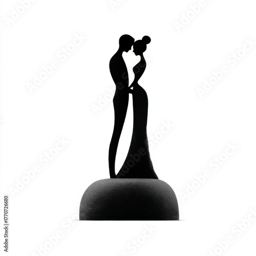 Minimalist silhouette of a wedding couple figurine on a pedestal, elegant black and white, representing romance, love, and marriage celebration.