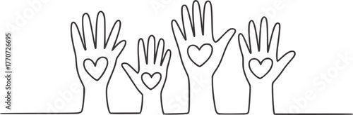 Minimalist line drawing of hands with hearts love unity