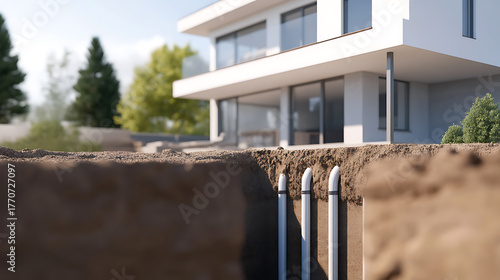 Modern house featuring advanced geothermal energy with ground source heat pump infrastructure in excavation for energy-efficient home climate control. Clean and efficient.