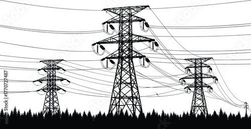 High voltage electricity transmission towers, power lines over forest landscape, energy distribution network, industrial infrastructure, black and white cad drawing flat vector illustration