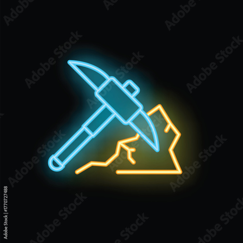 Neon icon of a pickaxe mining cryptocurrency from a rock, symbolizing the process of mining digital currency