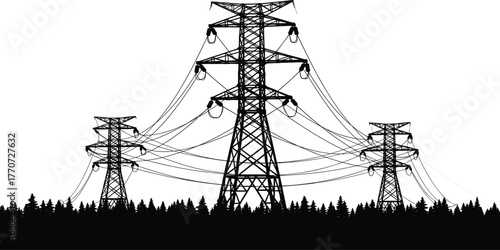 Electric power transmission towers, high voltage lines landscape, industrial energy infrastructure, electricity grid network, black and white cad drawing flat vector illustration