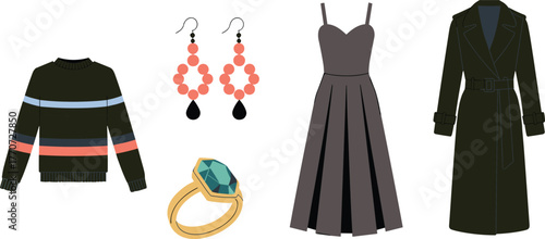 Fashion clothing and accessories illustration, striped sweater design, elegant pleated dress vector, gemstone jewelry artwork, stylish trench coat graphic, modern outfit collection