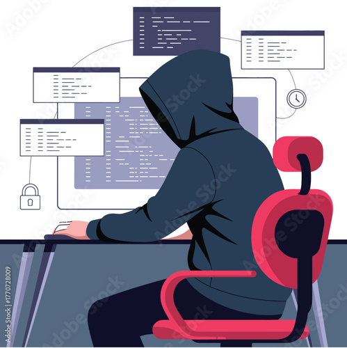 Hacker cyber criminal vector design using laptop for hacking computer cybercrime ddos attack showing online security threat hacker attack and web security concept for technology illustration