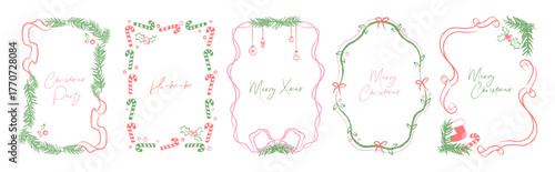 Set of hand drawn Christmas frames. Doodle line art borders, ribbons and bows, Christmas garland, mistletoe, candy cane, fir branches. Festive decoration for greeting card, invitation, holiday design.