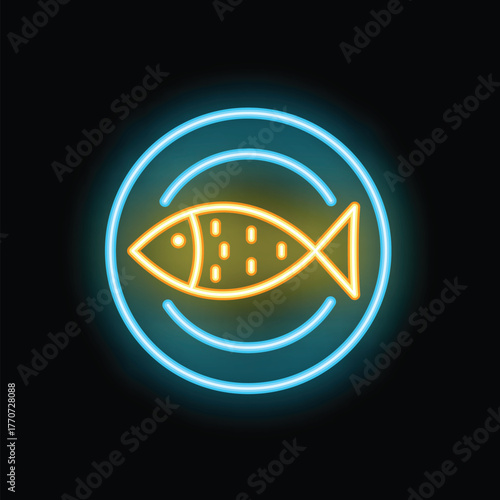 Neon sign displaying a yellow fish lying on a plate, on a black background