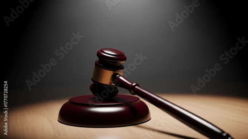 Polished Wooden Gavel Resting on Sound Block Under Dramatic Spotlight, Courtroom Setting